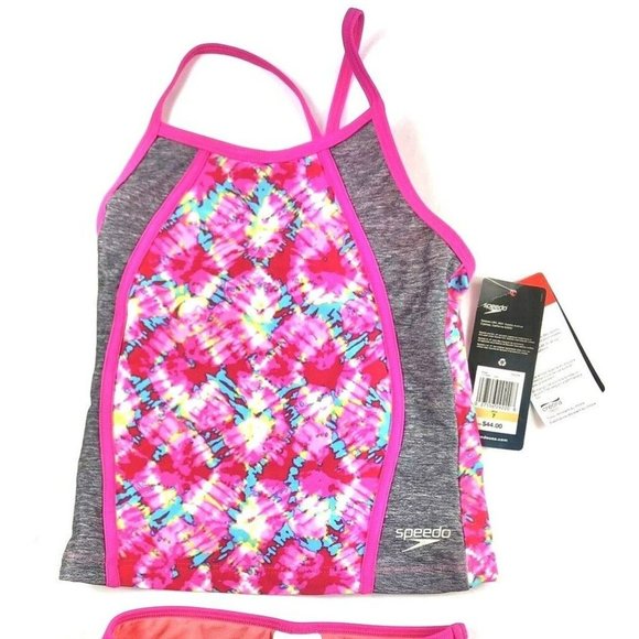 Speedo, Girl’s Two Piece Tankini Swimsuit Set, Size 7, Grey/Pink - Picture 1 of 5